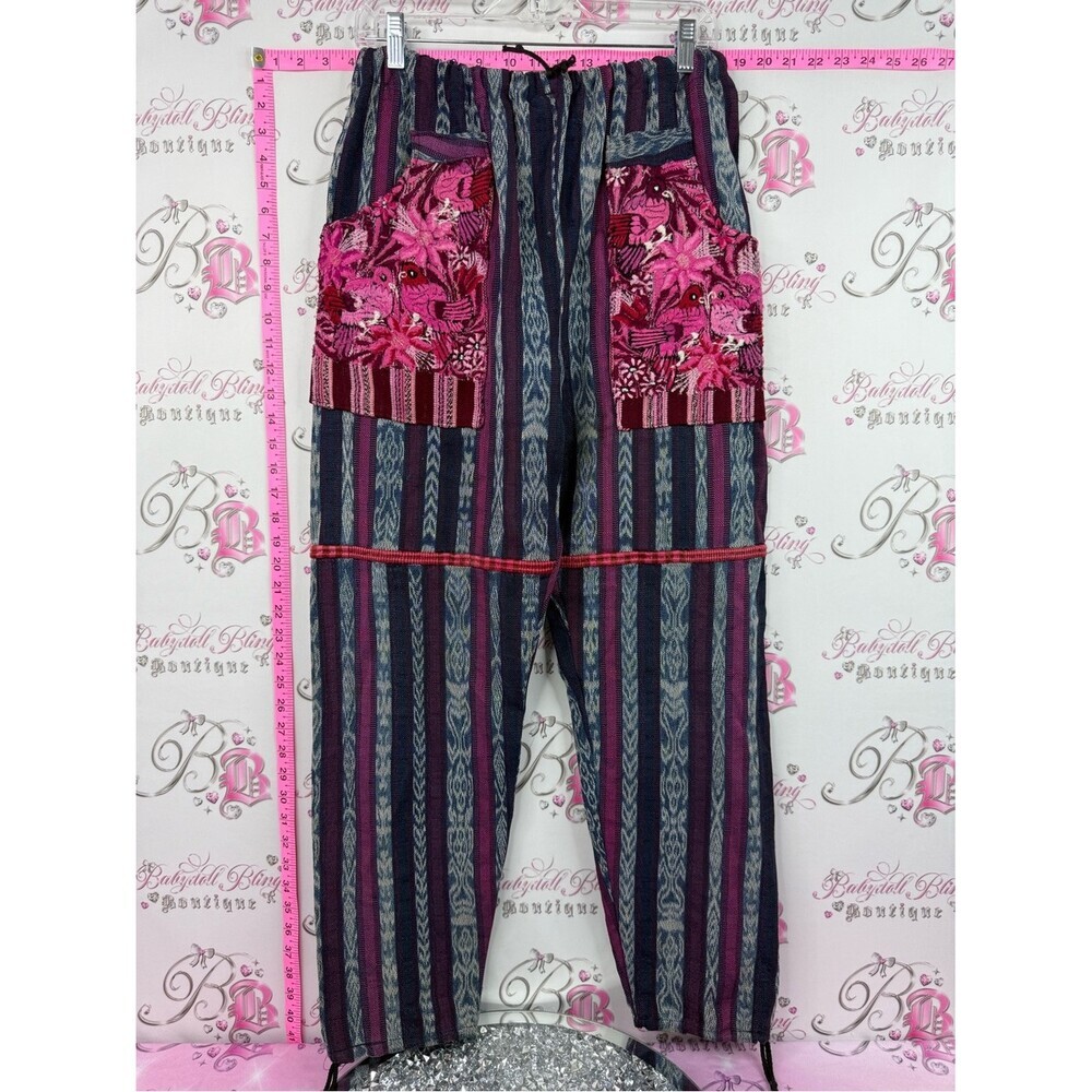 Pants patchwork Boho Embroidered Patchwork Striped Harem Pants - Pink & Navy